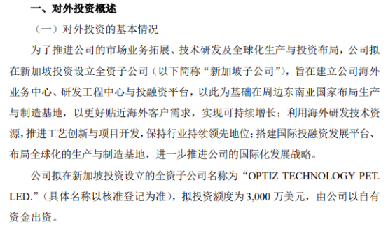 晶方科技拟在新加坡30IM电竞 IM电竞平台00万美元设立全资子公司OPTIZTECHNOLOGYPETLED(图1)